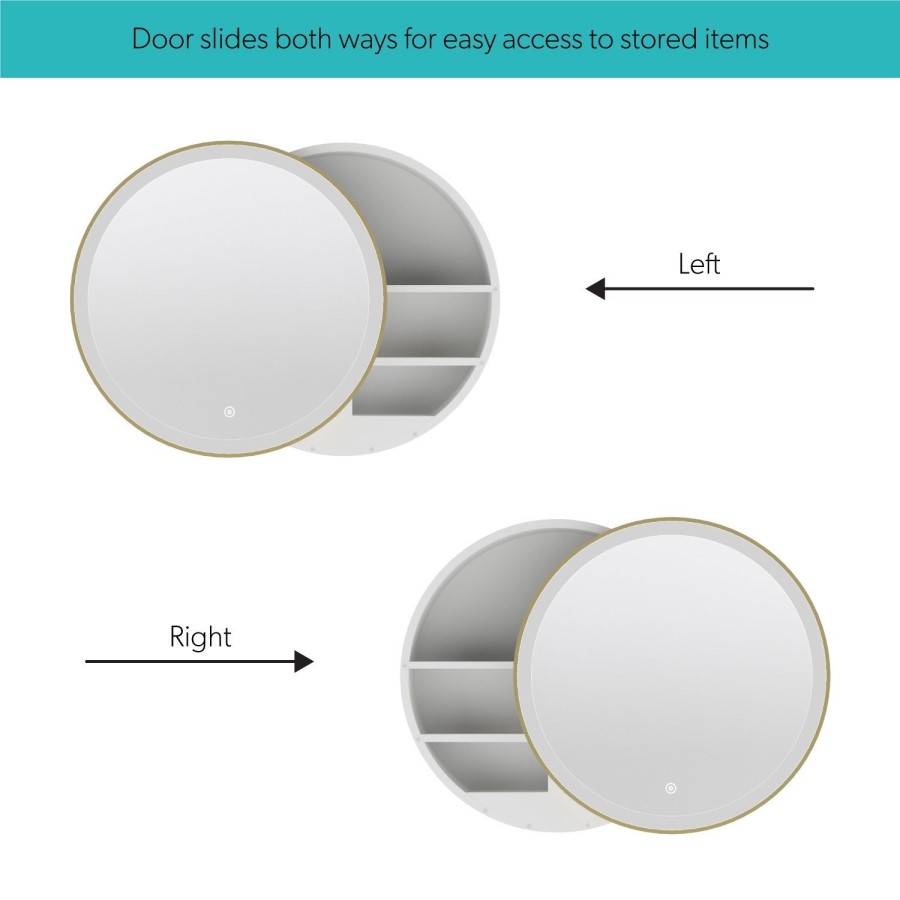 Brass Sliding Bathroom Mirror Cabinet with Lights 600 x 600mm - Elara