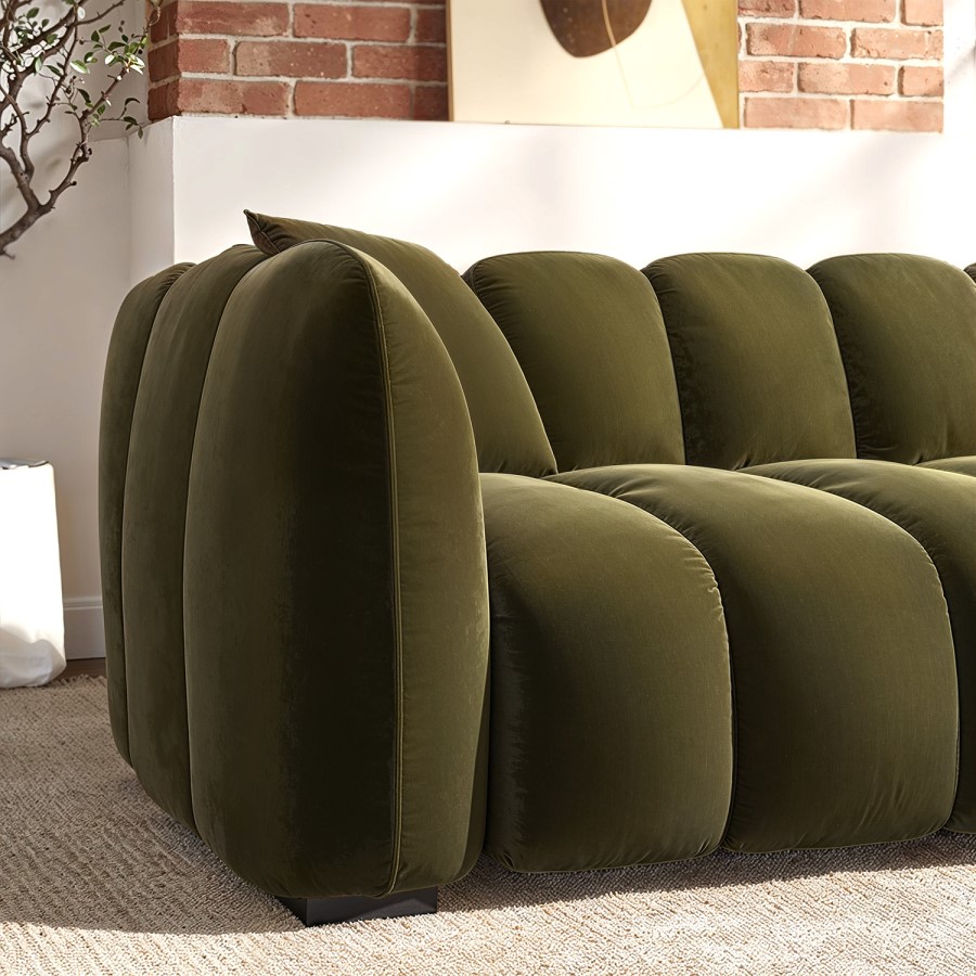 Khaki Green Velvet 3 Seater Sofa - Elod