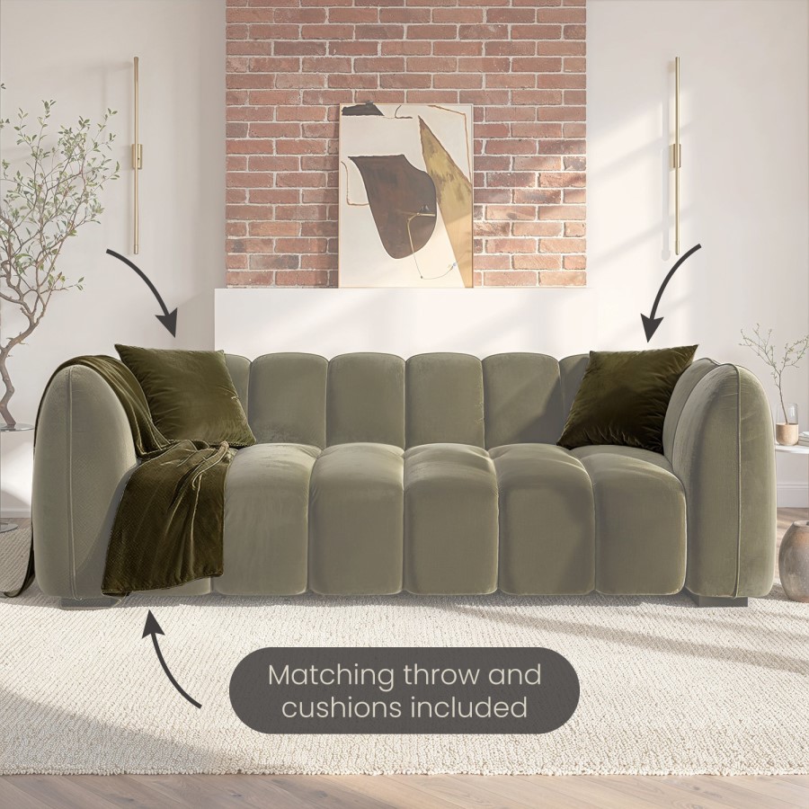 Khaki Green Velvet 3 Seater Sofa - Elod
