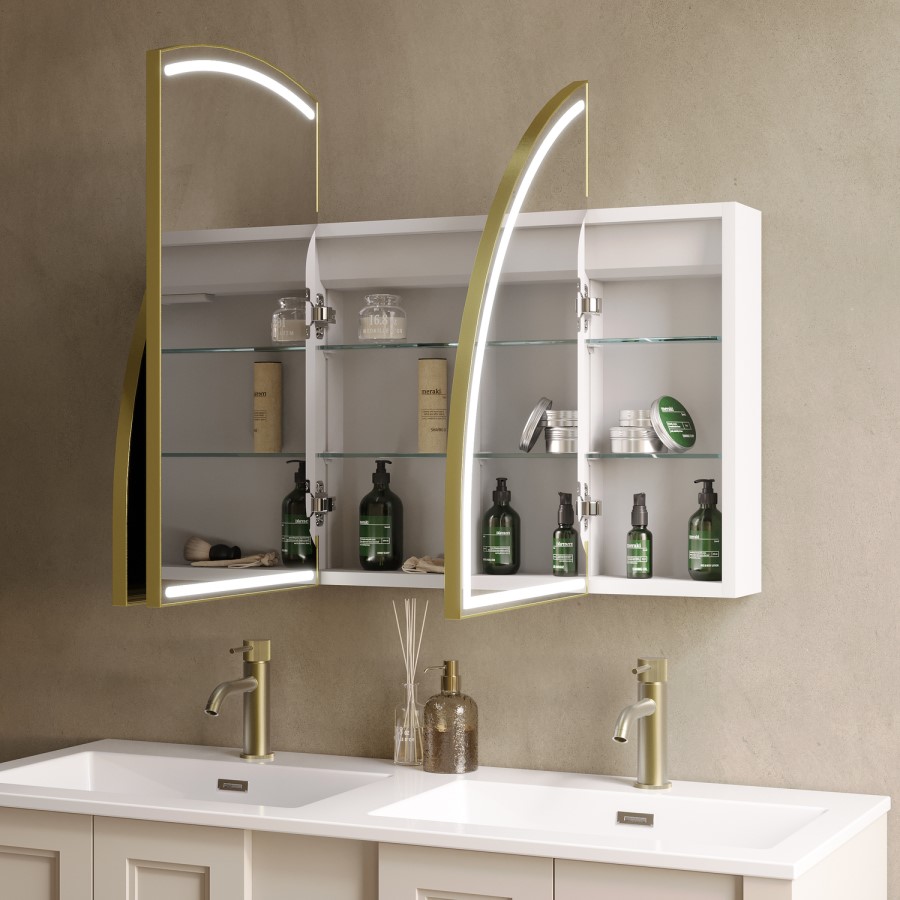 Triple Door Brass Bathroom Mirror Cabinet with Lights Demister & Shaver Socket 1200 x 690mm - Empire