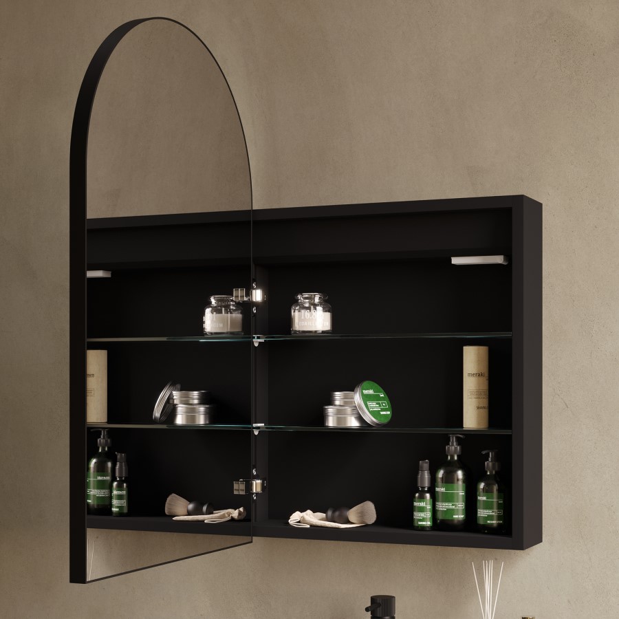 Single Door Black Bathroom Mirror Cabinet with Lights Demister & Shaver Socket 500 x 800mm - Empire