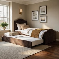 Brown Velvet Single Guest Bed with Trundle - Elsie