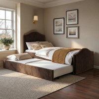 Brown Velvet Single Guest Bed with Trundle - Elsie
