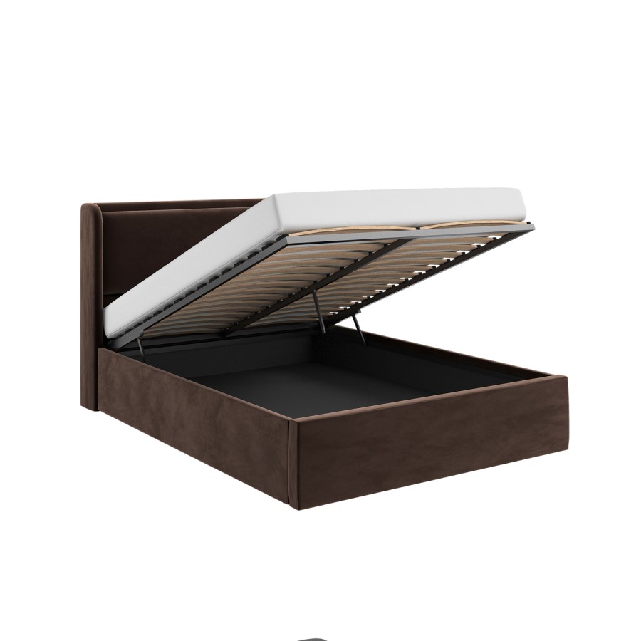 Chocolate Brown Velvet King Size Ottoman Bed with Cushioned Headboard - Frida