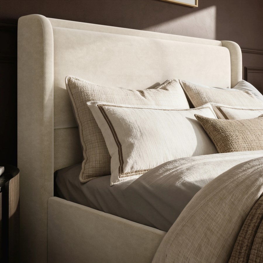 Cream Upholstered King Size Ottoman Bed with Cushioned Headboard - Frida