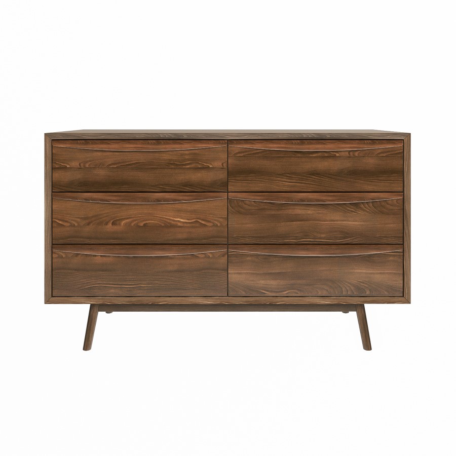 Wide Walnut Mid-Century 6 Drawer Chest of Drawers with Legs - Frances