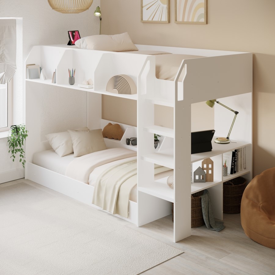 White Bunk Bed with Storage Shelves - Freddie