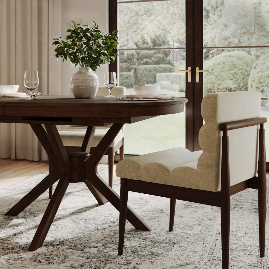 Set of 2 Walnut and Beige Upholstered Mid Century Sculpted Dining Chairs with Wooden Legs - Freja