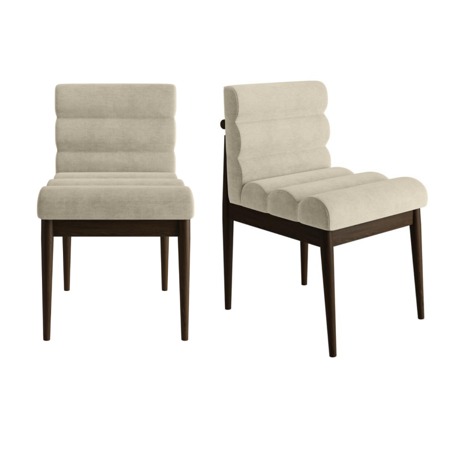 Set of 2 Walnut and Beige Upholstered Mid Century Sculpted Dining Chairs with Wooden Legs - Freja