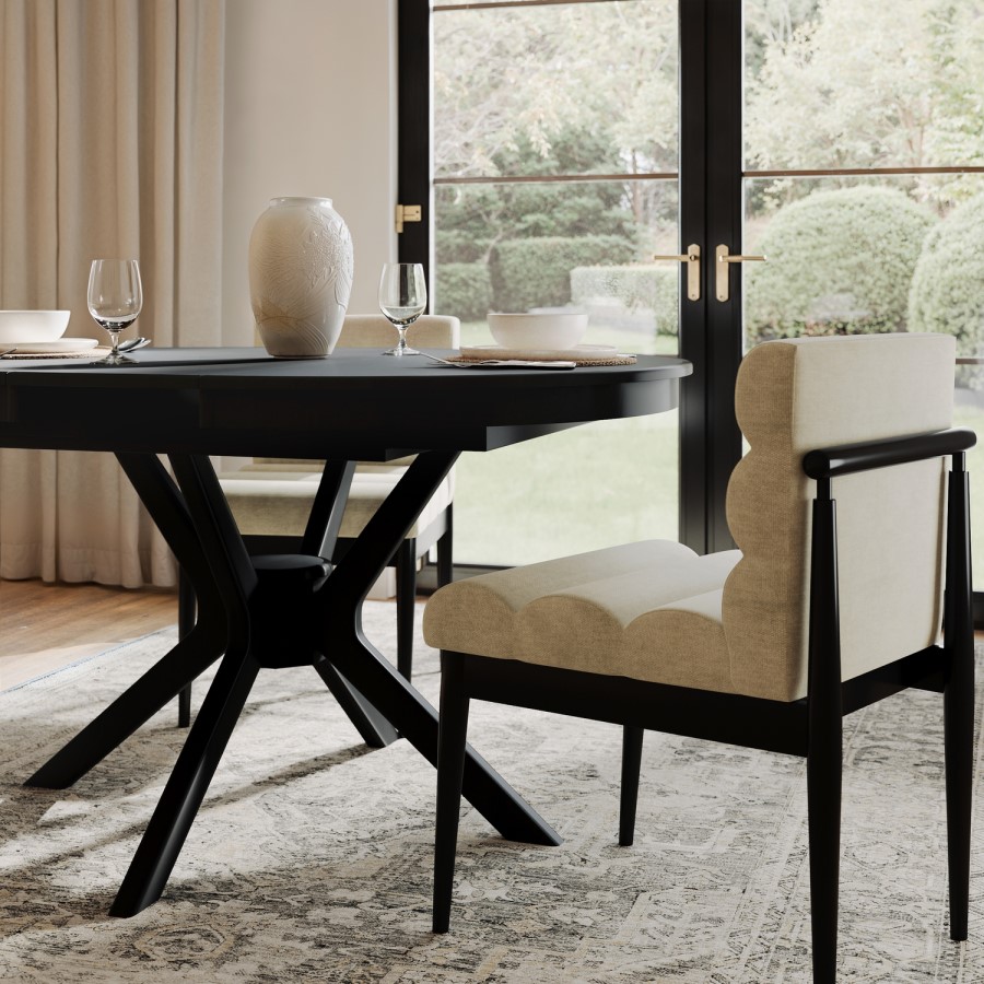 Set of 2 Black and Beige Upholstered Mid Century Sculpted Dining Chairs with Wooden Legs - Freja