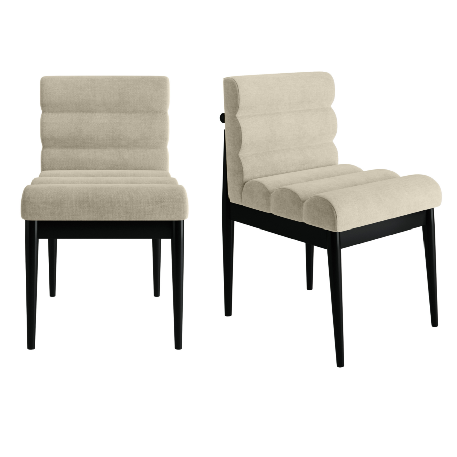 Set of 2 Black and Beige Upholstered Mid Century Sculpted Dining Chairs with Wooden Legs - Freja