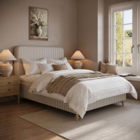 Beige Striped Upholstered Double Ottoman Bed with Curved Headboard - Farrow