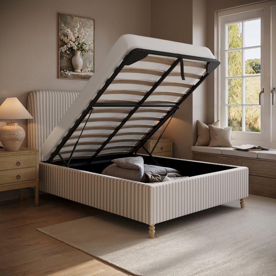 Beige Striped Upholstered Double Ottoman Bed with Curved Headboard - Farrow