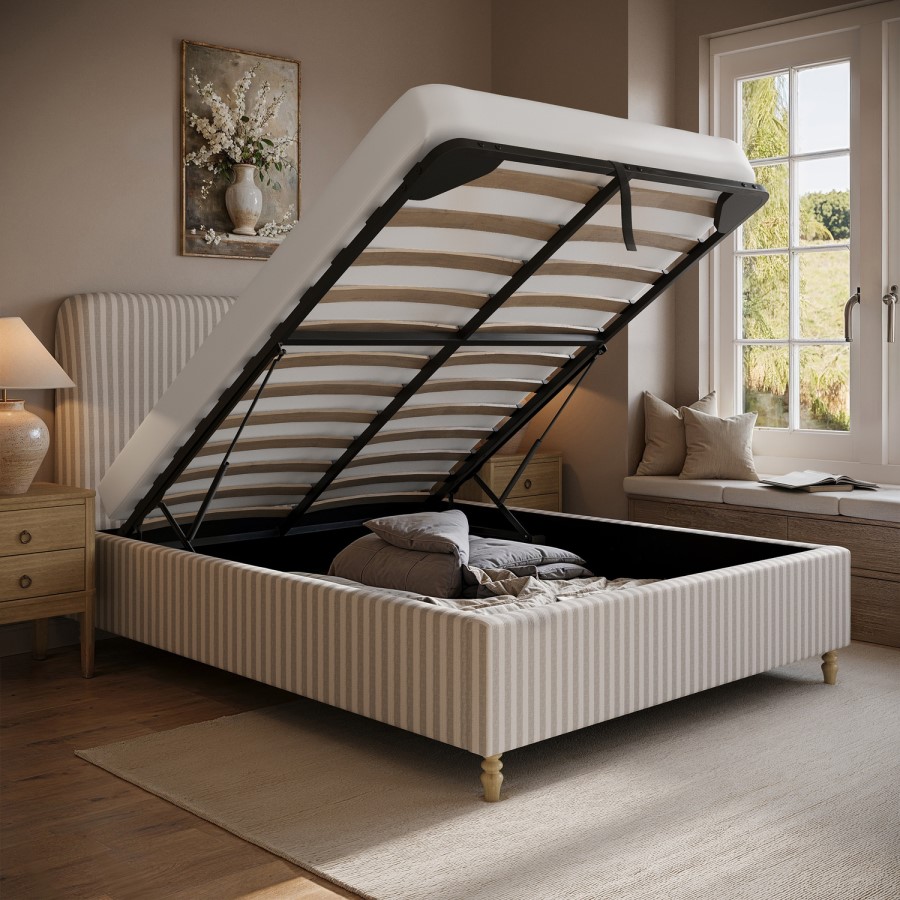 Beige Striped Upholstered King Size Ottoman Bed with Curved Headboard - Farrow