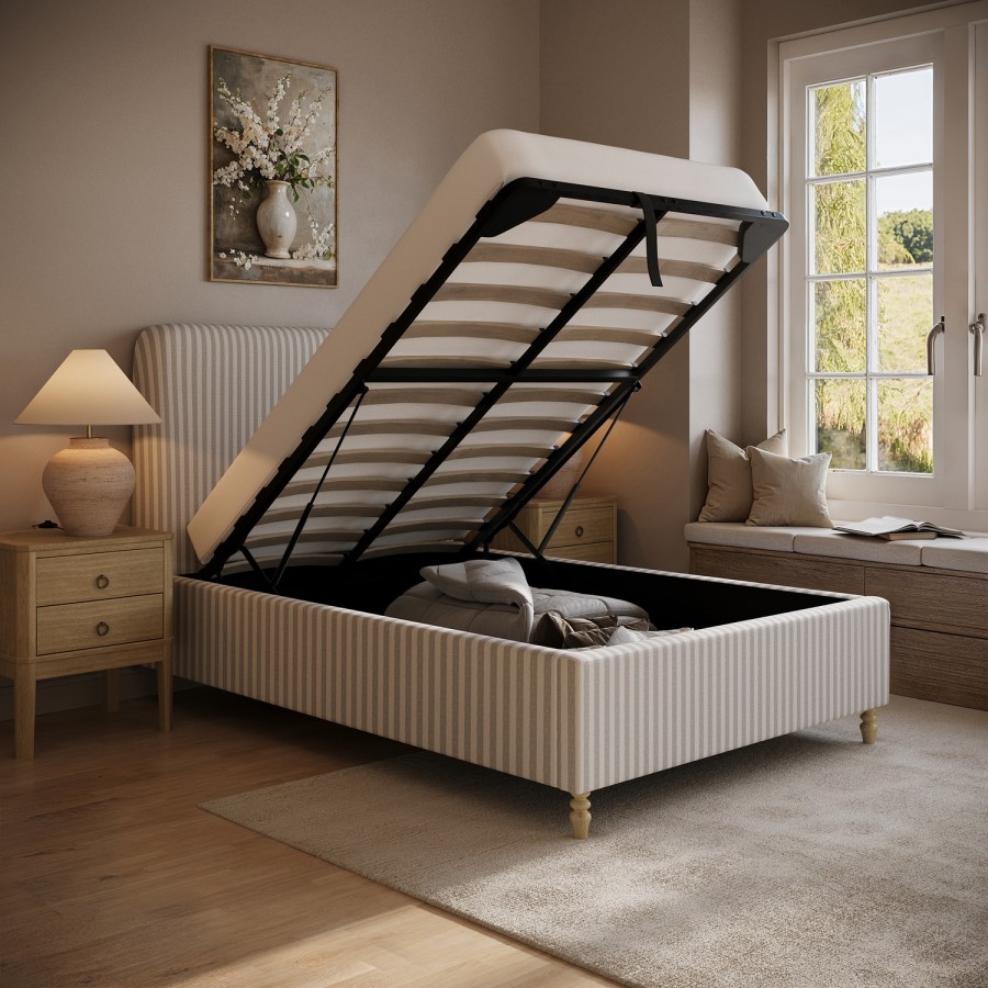 Beige Striped Upholstered Small Double Ottoman Bed with Curved Headboard - Farrow