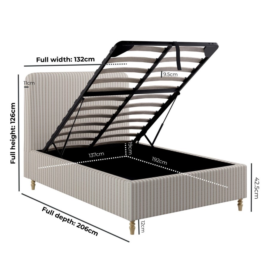 Beige Striped Upholstered Small Double Ottoman Bed with Curved Headboard - Farrow