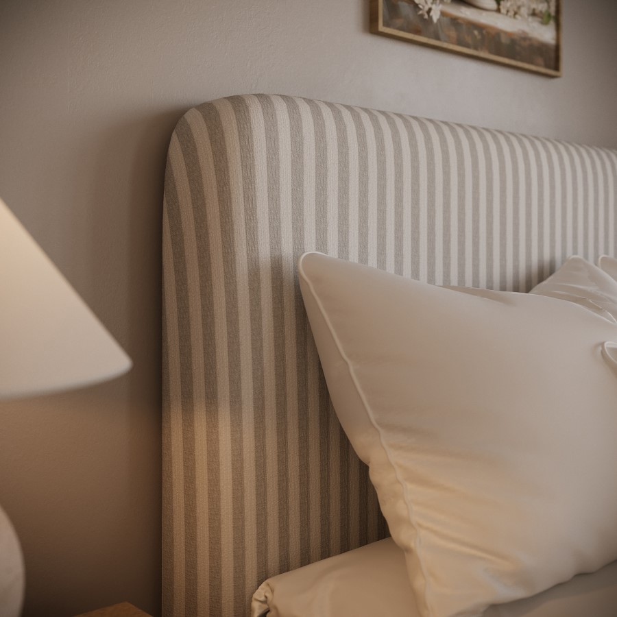Beige Striped Upholstered Super King Ottoman Bed with Curved Headboard - Farrow