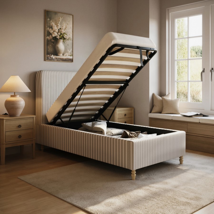 Ticking Stripe Single Ottoman bed in Cream/Neutral -Farrow