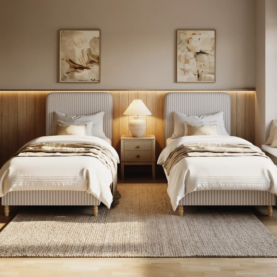 Ticking Stripe Single Ottoman bed in Cream/Neutral -Farrow