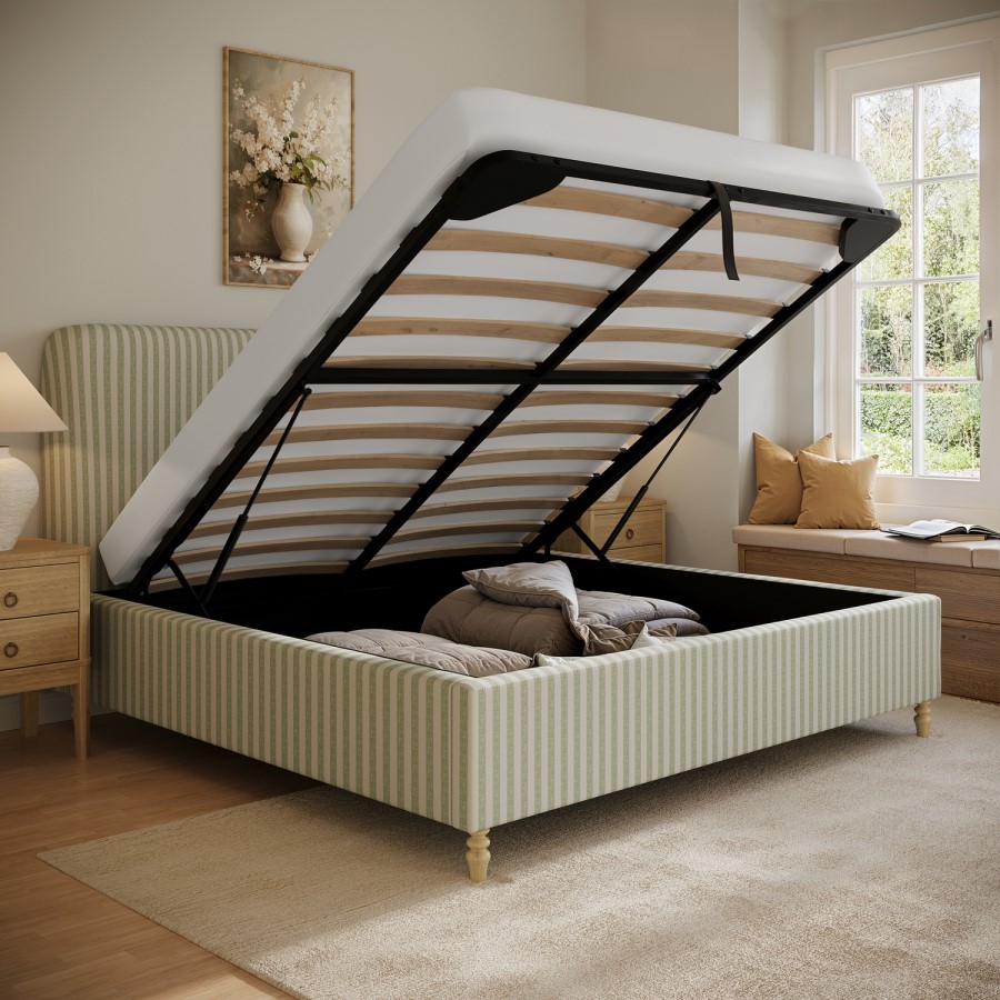 Green Striped Upholstered Super King Ottoman Bed with Curved Headboard - Farrow