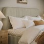 Green Striped Upholstered Super King Ottoman Bed with Curved Headboard - Farrow