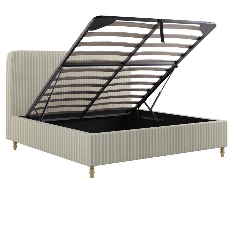 Green Striped Upholstered Super King Ottoman Bed with Curved Headboard - Farrow