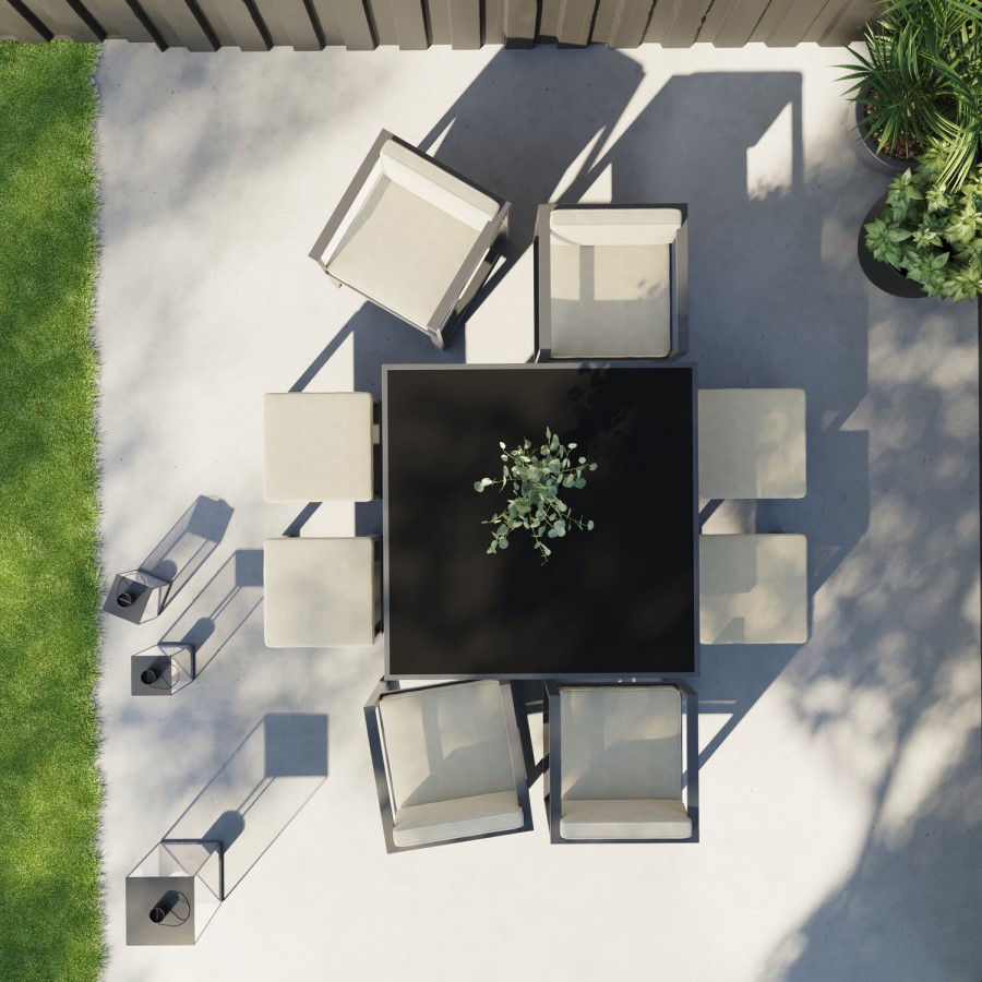 8 Seater Grey Metal Cube Garden Dining Set with Cream Chairs