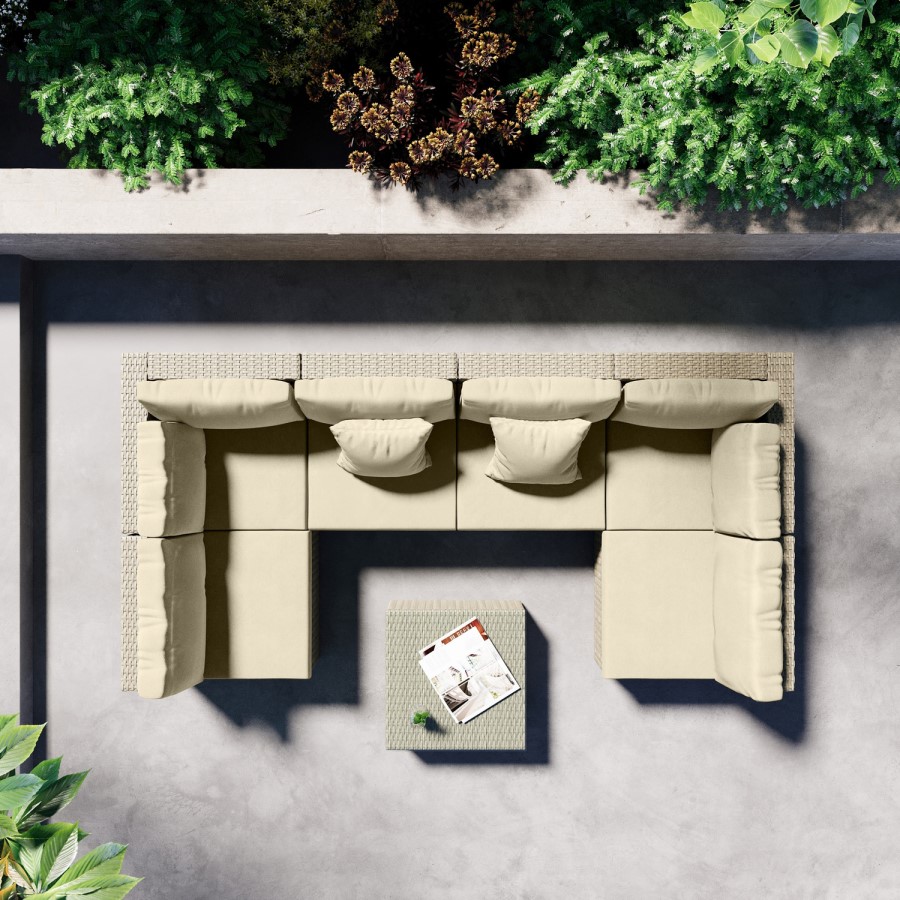 6 Seater Beige U Shaped Rattan Garden Sofa Set with Matching Coffee Table