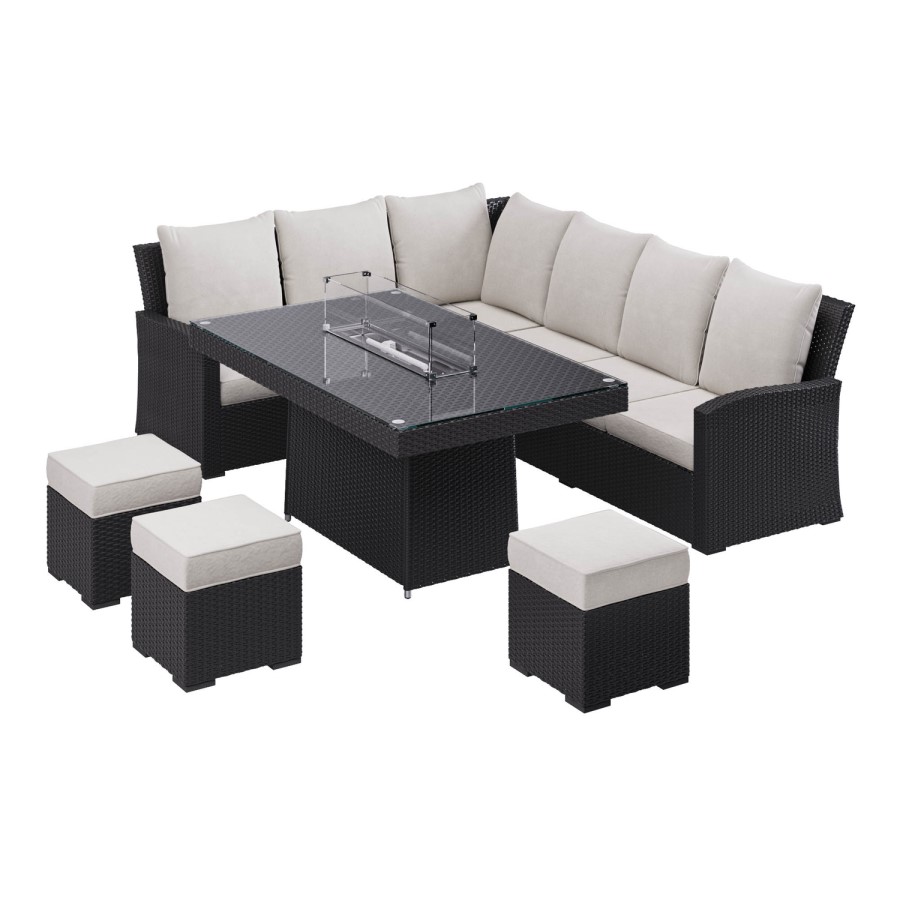 8 Seater Black Rattan Corner Garden Dining Set with Firepit Table
