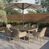 6 Seater Beige Rattan Garden Dining Set with Matching Parasol