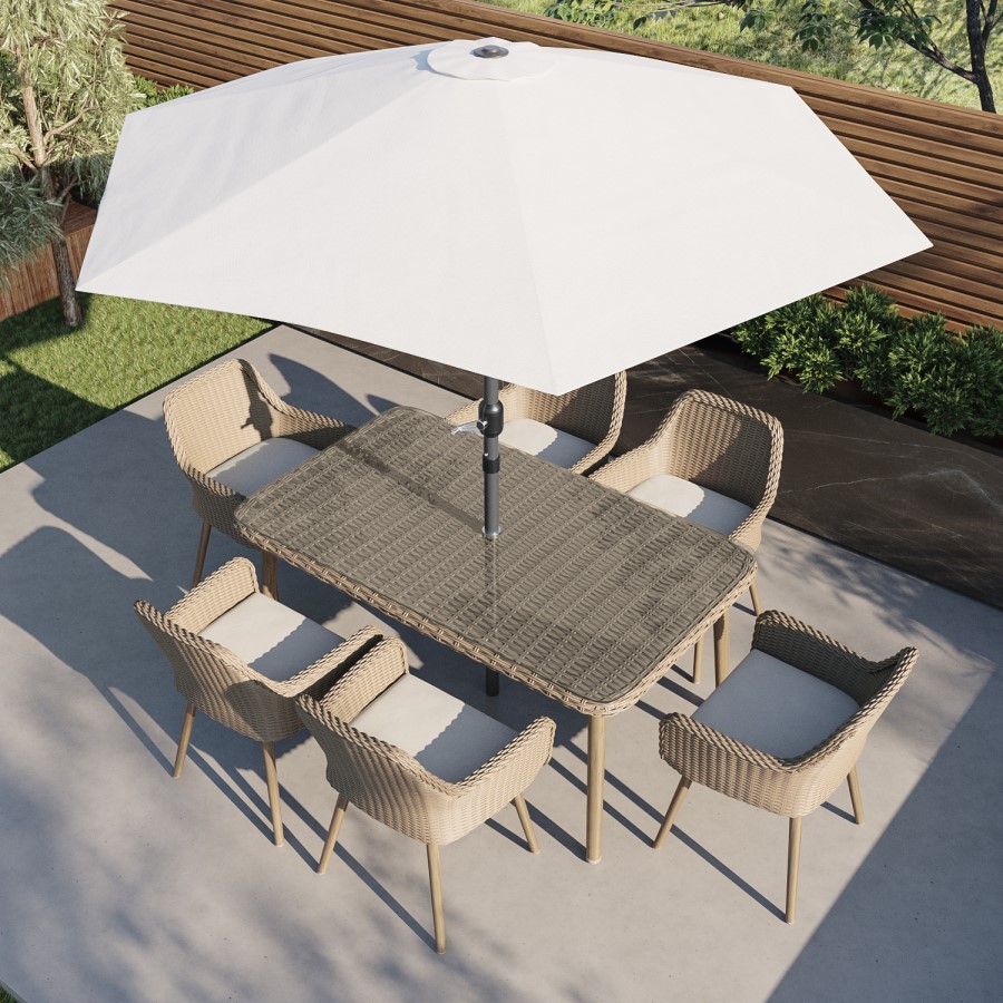 6 Seater Beige Rattan Garden Dining Set with Matching Parasol