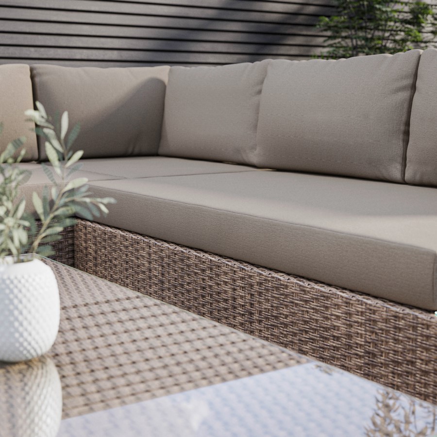 5 Seater Beige Rattan Corner Sofa Set with Reclining Sun Lounger and Coffee Table