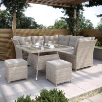 7 Seater Light Rattan Garden Corner Sofa Set with 2 Stools and Glass Table Top