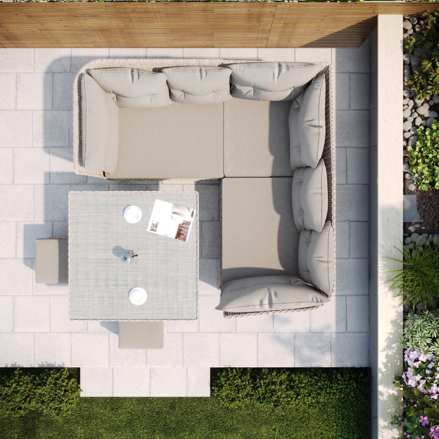 7 Seater Light Rattan Garden Corner Sofa Set with 2 Stools and Glass Table Top