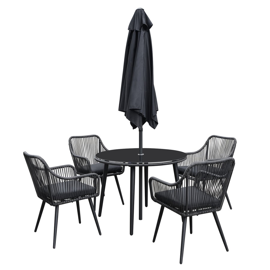 ONLY OPENED - 4 Seater Black Rope Wicker Outdoor Dining Set with Parasol