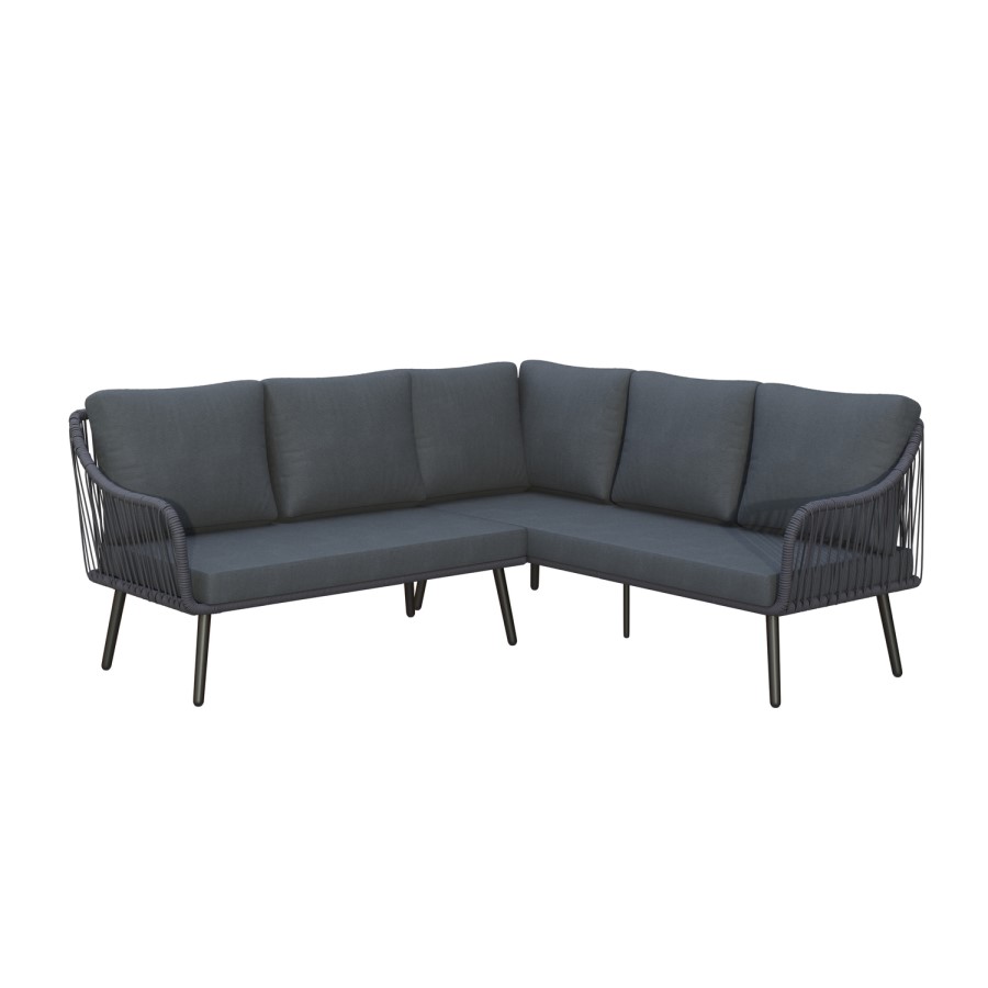 7 Seater Black Rope Effect Garden Corner Sofa & Dining Table Set with Matching Parasol