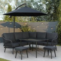 7 Seater Black Rope Effect Garden Corner Sofa & Dining Table Set with Matching Parasol