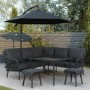 7 Seater Black Rope Effect Garden Corner Sofa & Dining Table Set with Matching Parasol