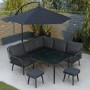 7 Seater Black Rope Effect Garden Corner Sofa & Dining Table Set with Matching Parasol