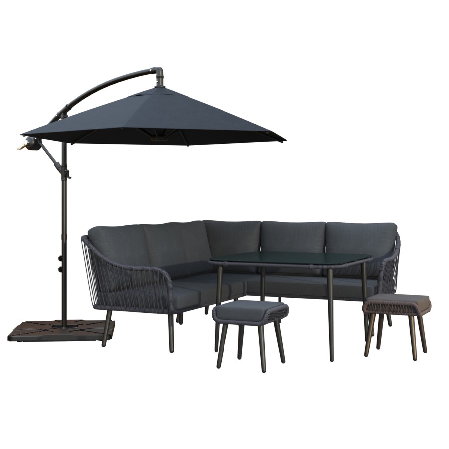 7 Seater Black Rope Effect Garden Corner Sofa & Dining Table Set with Matching Parasol