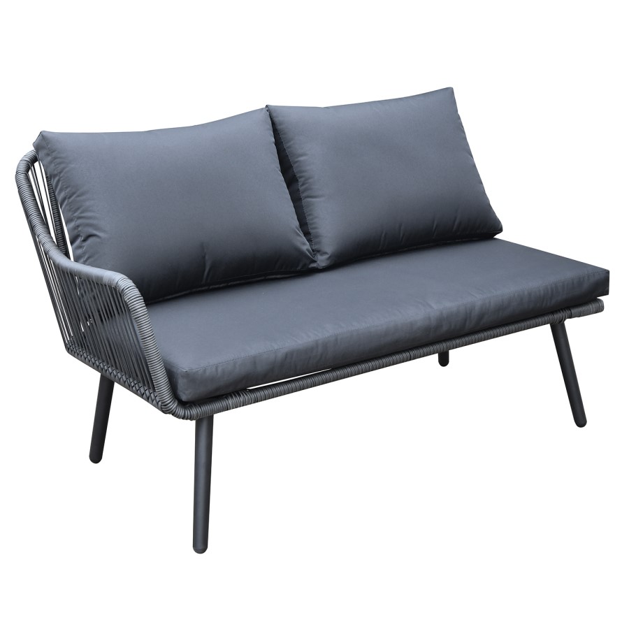 7 Seater Black Rope Effect Garden Corner Sofa & Dining Table Set with Matching Parasol