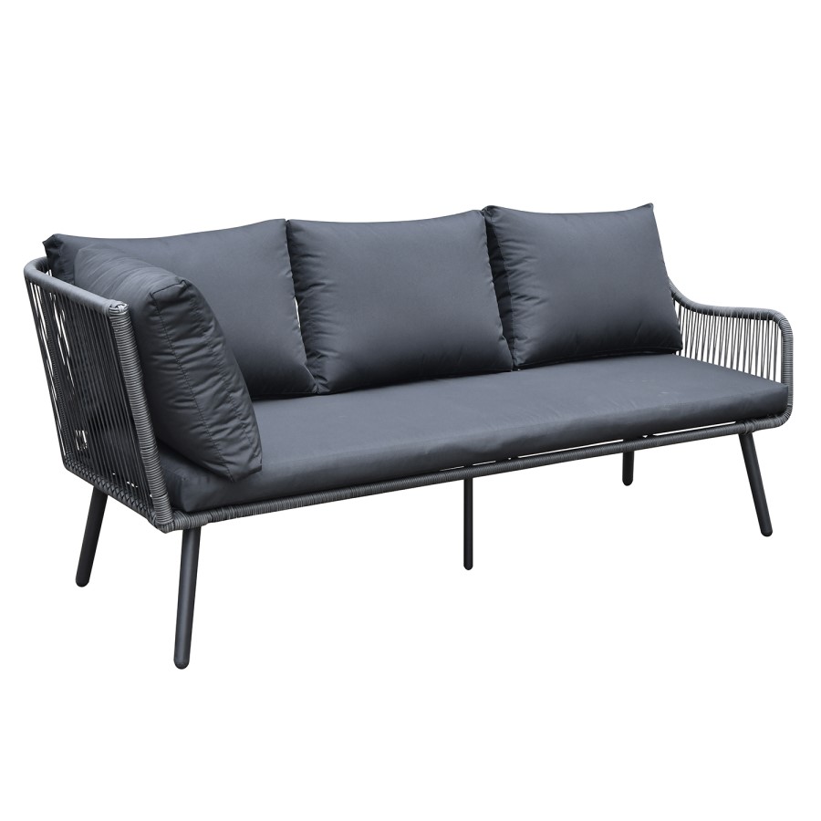 7 Seater Black Rope Effect Garden Corner Sofa & Dining Table Set with Matching Parasol