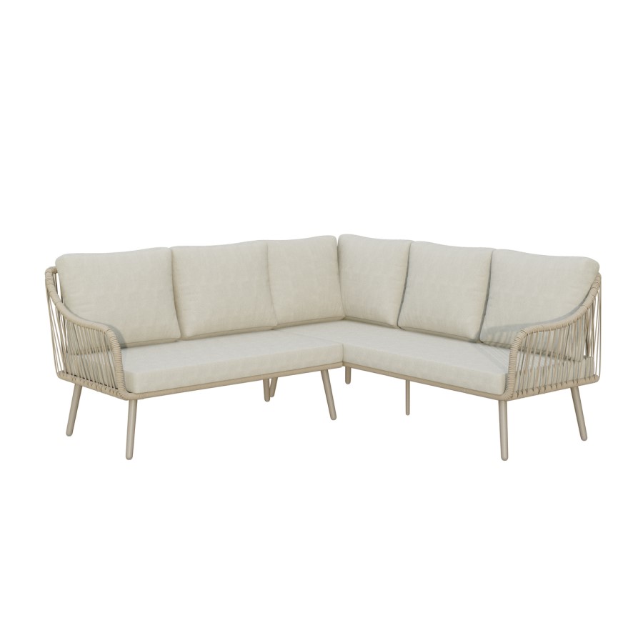 7 Seater Beige Rope Effect Garden Corner Sofa & Dining Table Set with Matching Parasol