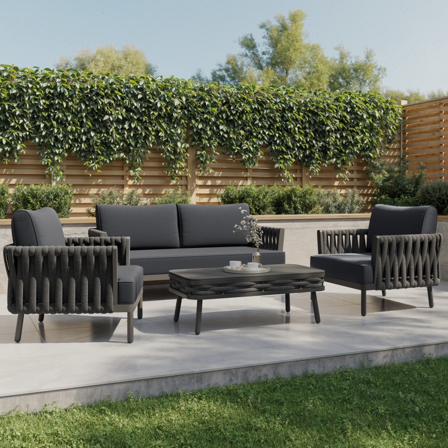4 Seater Charcoal Rope Detail Sofa and Armchair Set with Coffee Table