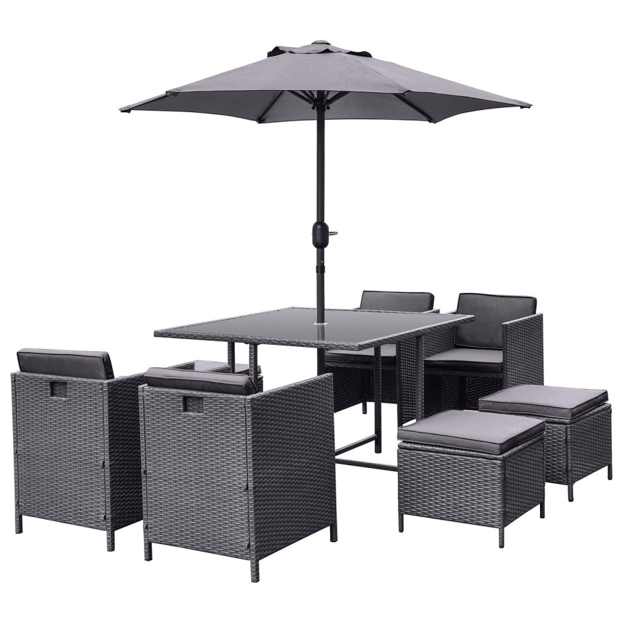 8 Seater Grey Rattan Cube Garden Dining Set with Matching Parasol