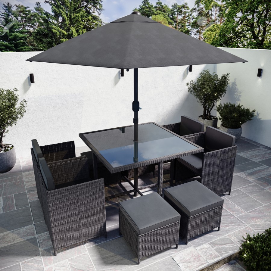 8 Seater Grey Rattan Cube Garden Dining Set with Matching Parasol