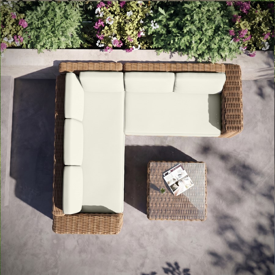 5 Seater Beige Rattan Garden Corner Sofa with Matching Coffee Table