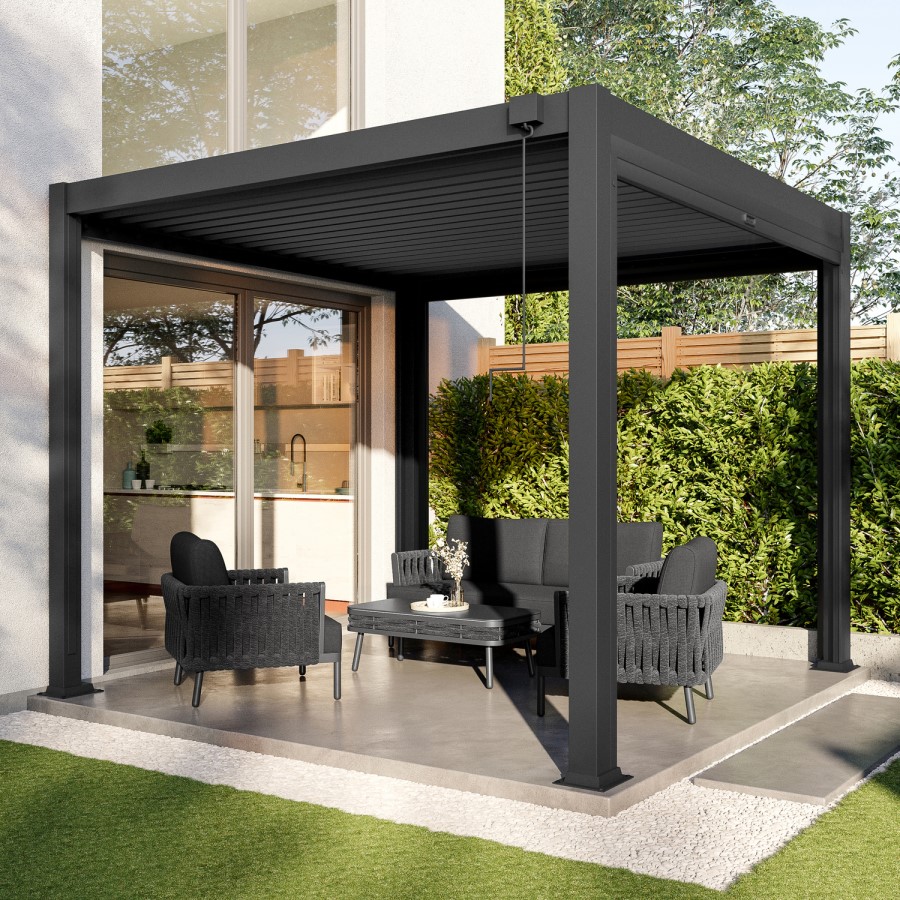 3 x 3m Heavy Duty Aluminium Charcoal Louvred Pergola with Solar LED Lighting & 2 Textilene Side Panels