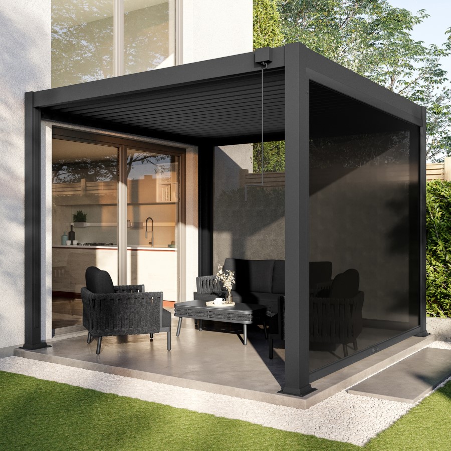 3 x 3m Heavy Duty Aluminium Charcoal Louvred Pergola with Solar LED Lighting & 2 Textilene Side Panels