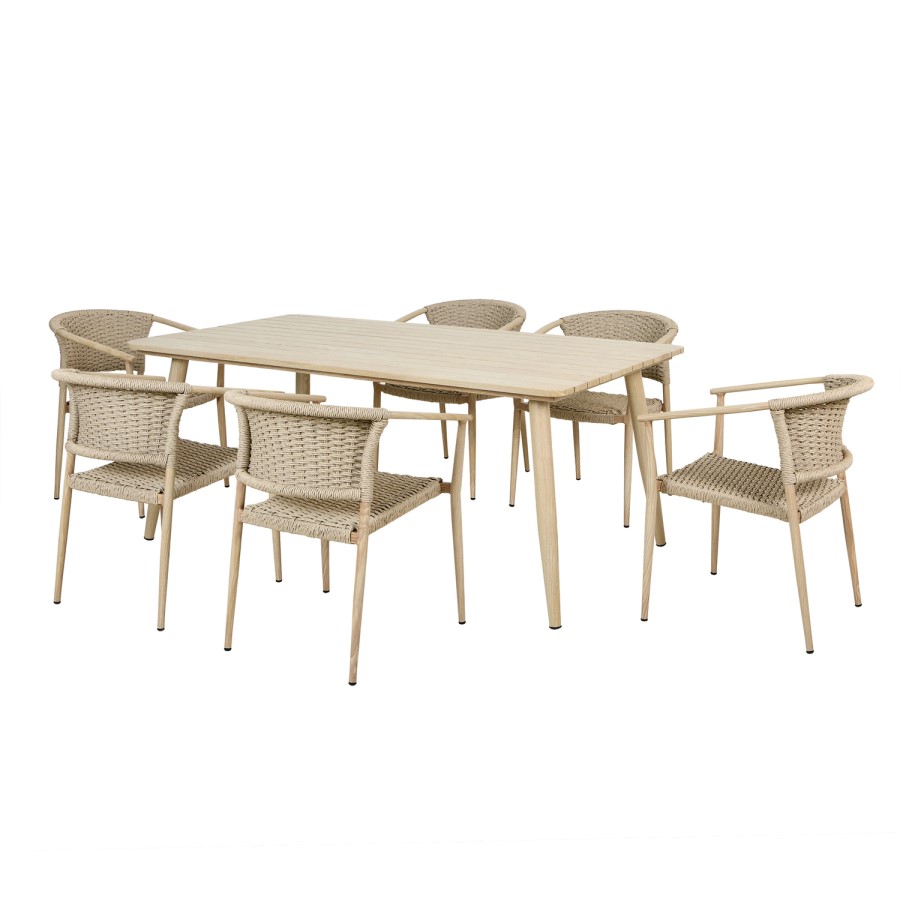 6 Seater Wood Effect Garden Dining Set with Rattan Chairs